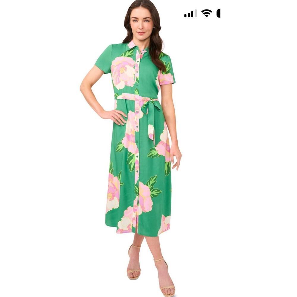CeCe Women’s Green and Pink Floral Button Down Dress Size XL
